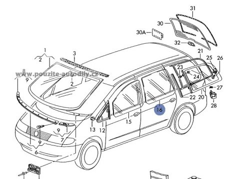 Sklo dveří vpravo vzadu - zelené, Seat Alhambra, 7M0845206A